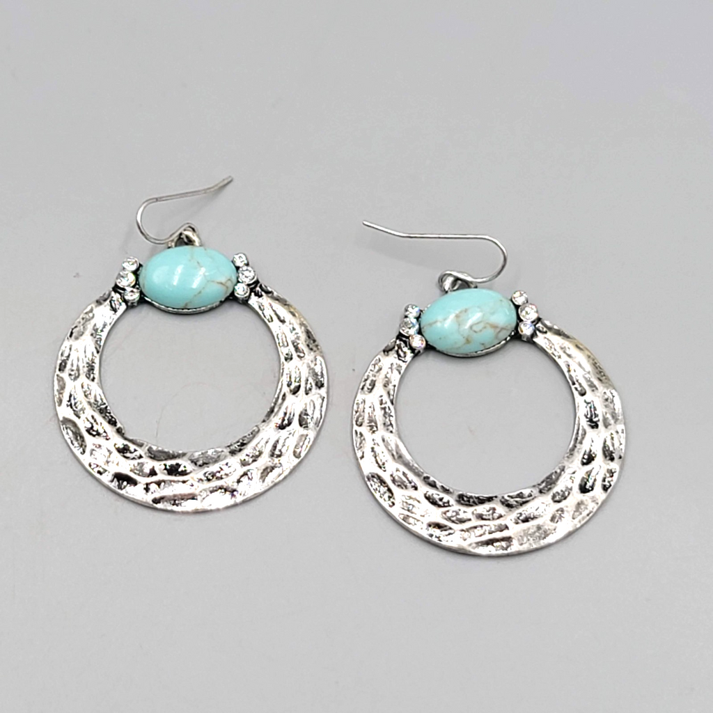 Boho Silver tone Pierced Earrings Oxidized Blue Accent Dangle 1.75"