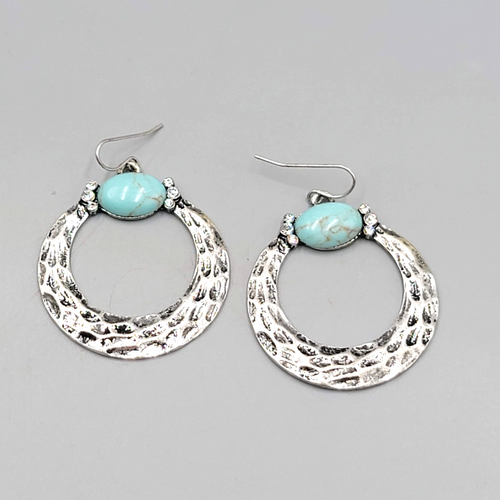 Boho Silver tone Pierced Earrings Oxidized Blue Accent Dangle 1.75"