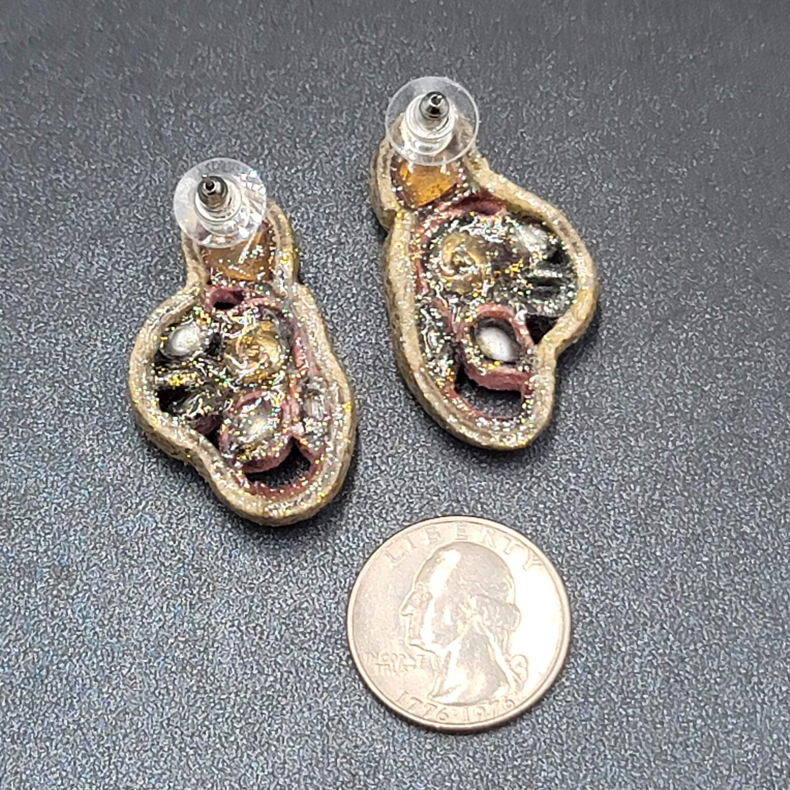 Artisan Pierced Earrings Leather Beaded Gold tone Rose Unusual Fun Drop 1.5"