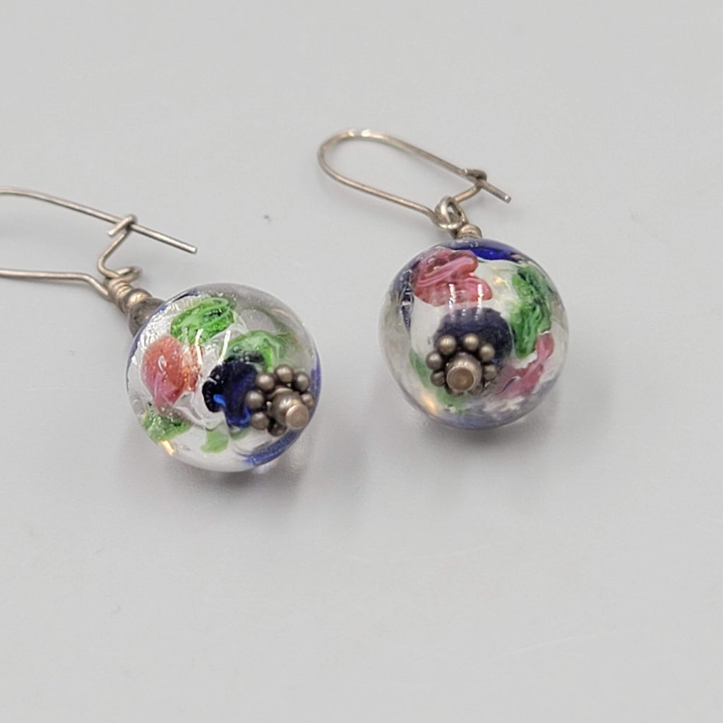 Art Glass Flower Pierced Earrings Silver tone Dangle 1"