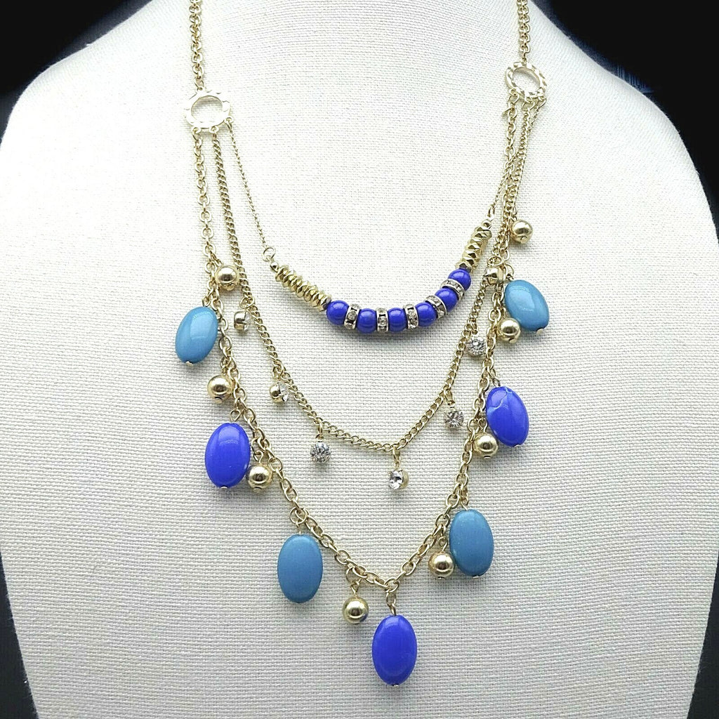 Signed VCLM Necklace Gold tone Multi Layer Blue Bead Chain Long 28" - 31"