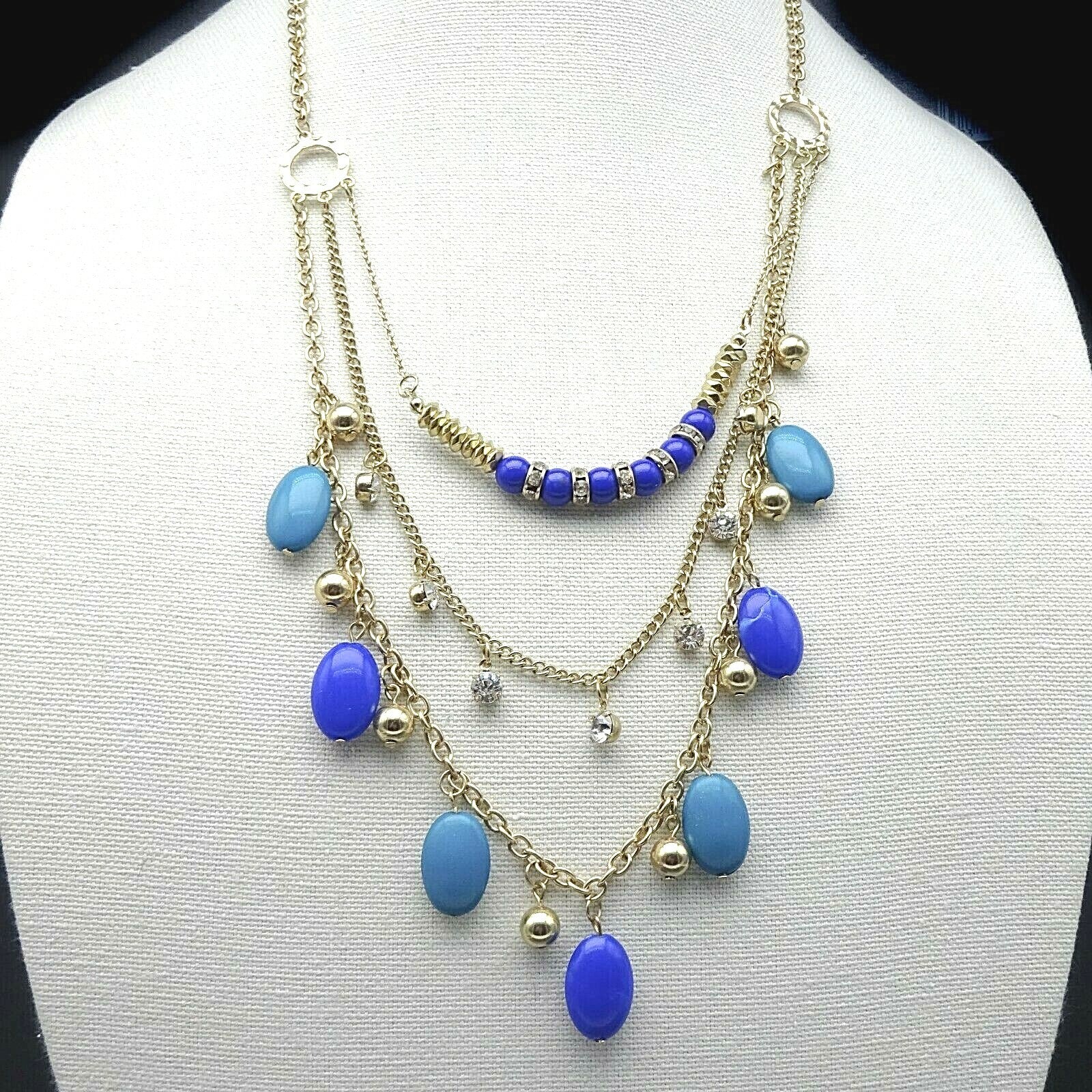 Signed VCLM Necklace Gold tone Multi Layer Blue Bead Chain Long 28" - 31"