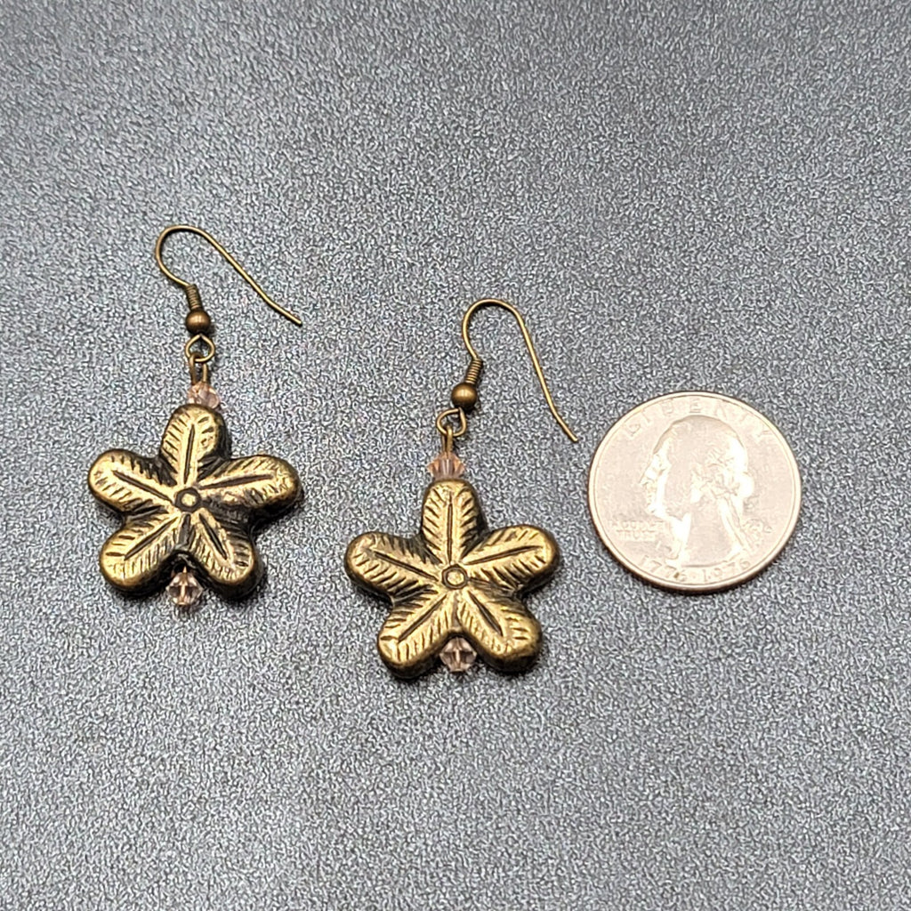Flower Pierced Earrings Gold tone Pink Crystal Bead Dangle 1"