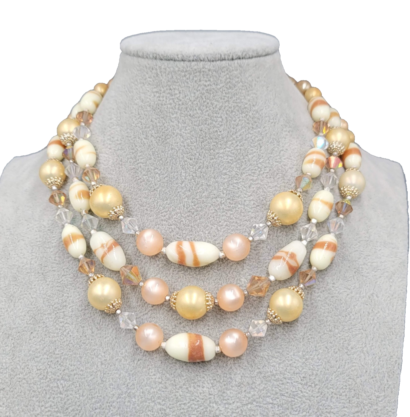 Vintage Triple Strand Necklace Beige Glass Moonstone Gold tone 