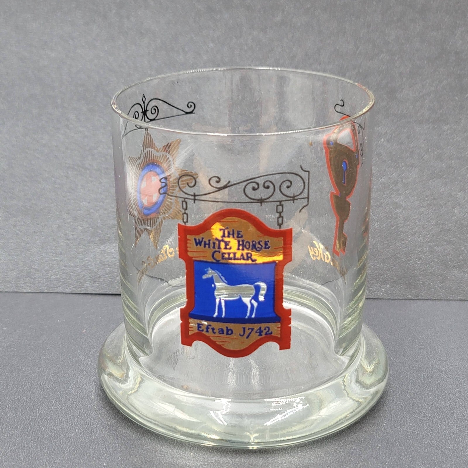 The White Horse Cellar Glasses Scotch Whiskey 4" Tall Weighted Bottom