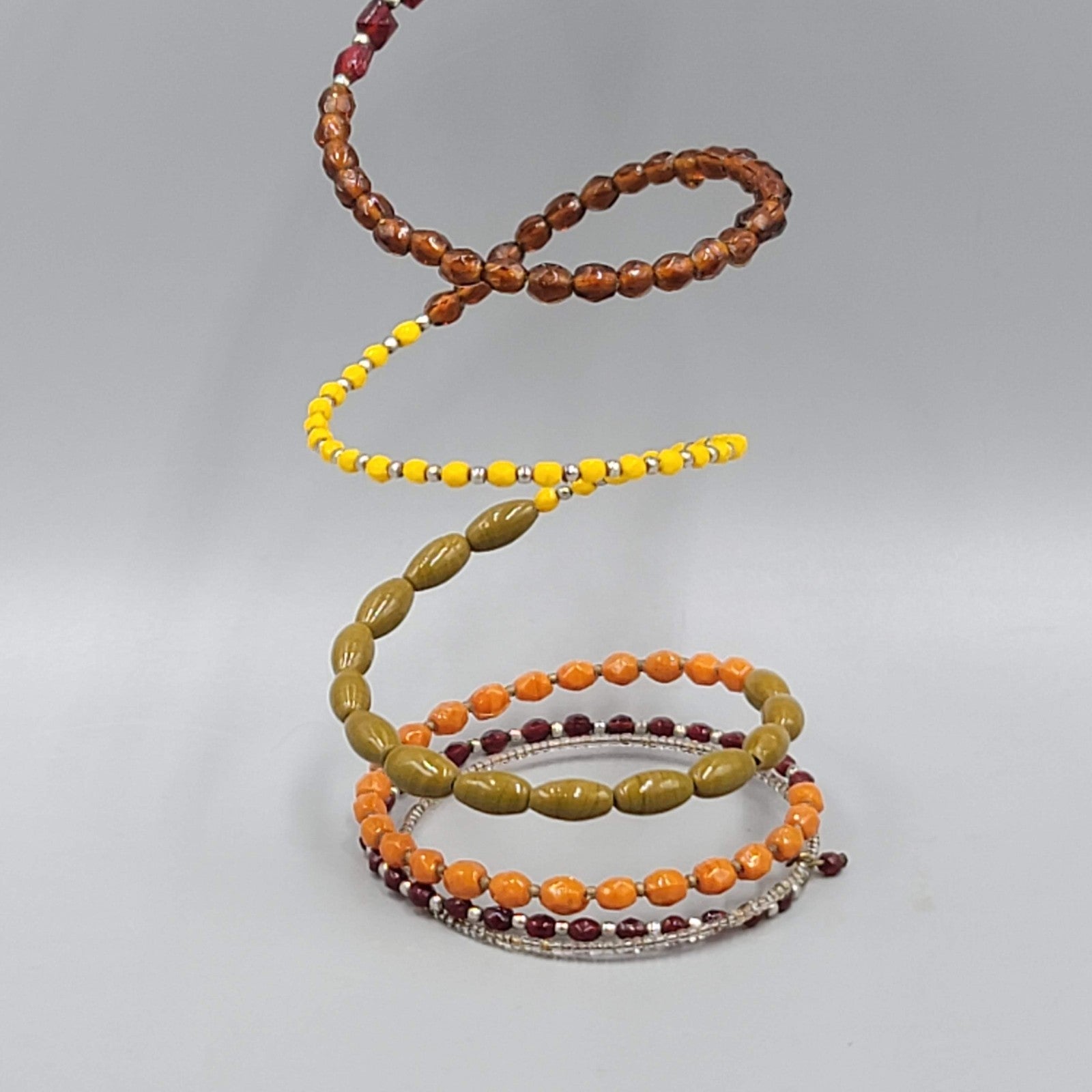 Glass Beaded Wire Wrapped Bracelet Brown Orange Red Green Yellow