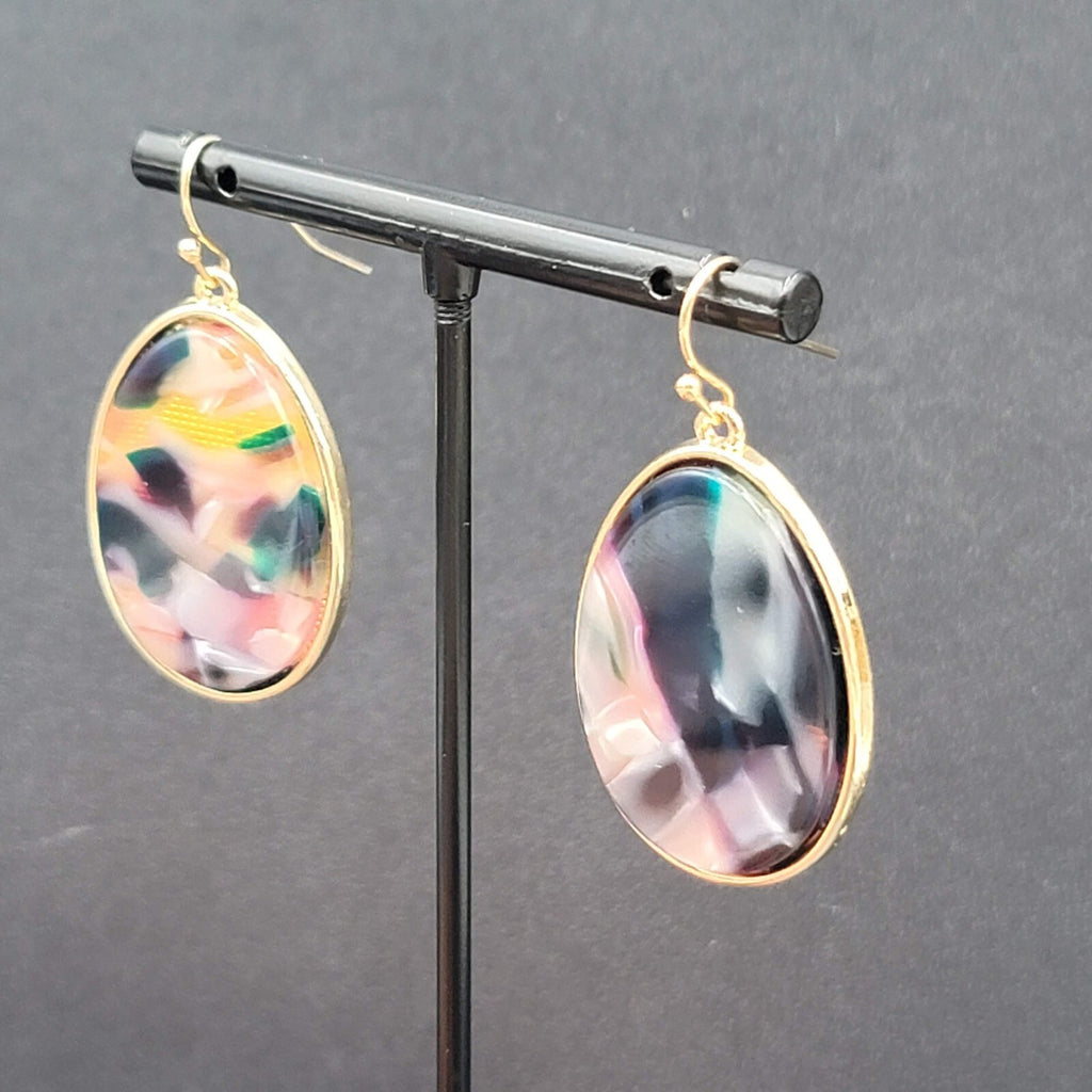 Pierced Earrings Gold tone Confetti Acrylic Teardrop Dangle 1.25"