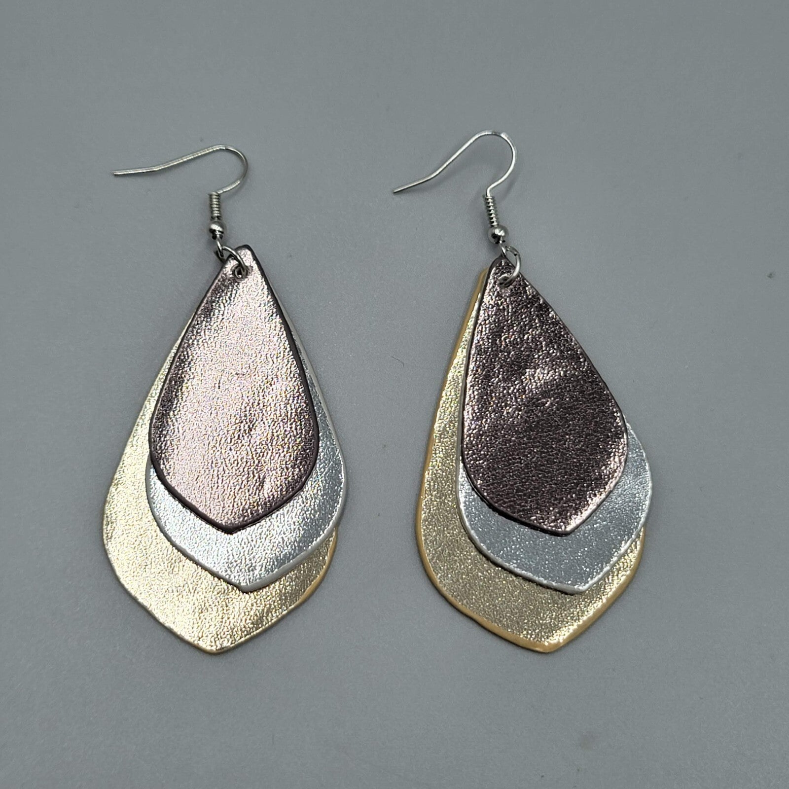 Pierced Earrings Triple Layer Faux Leather Metallic Dangle 2.5"