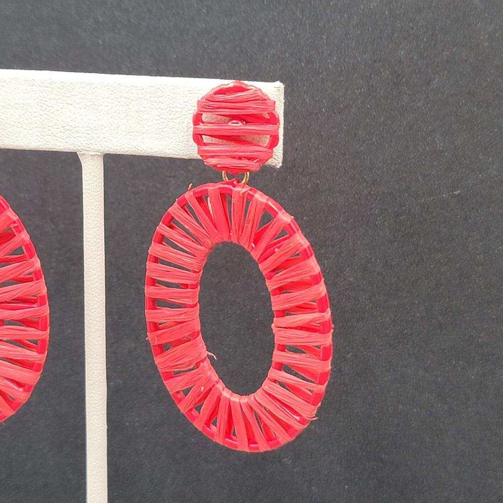 Pierced Earrings Red Rattan Dangle Hoops Statement 2.5"