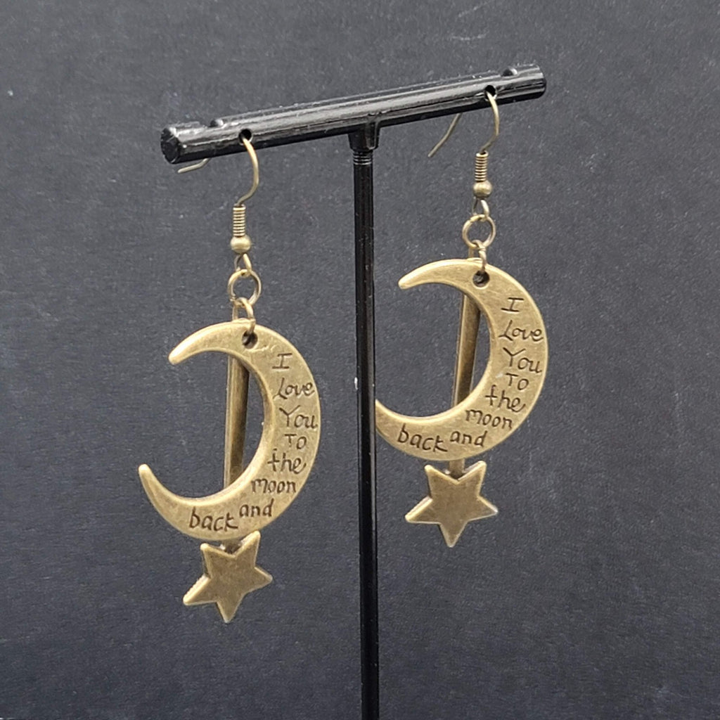 Pierced Earrings Bronze tone I Love You to the Moon and Back Metal Dangle 2"