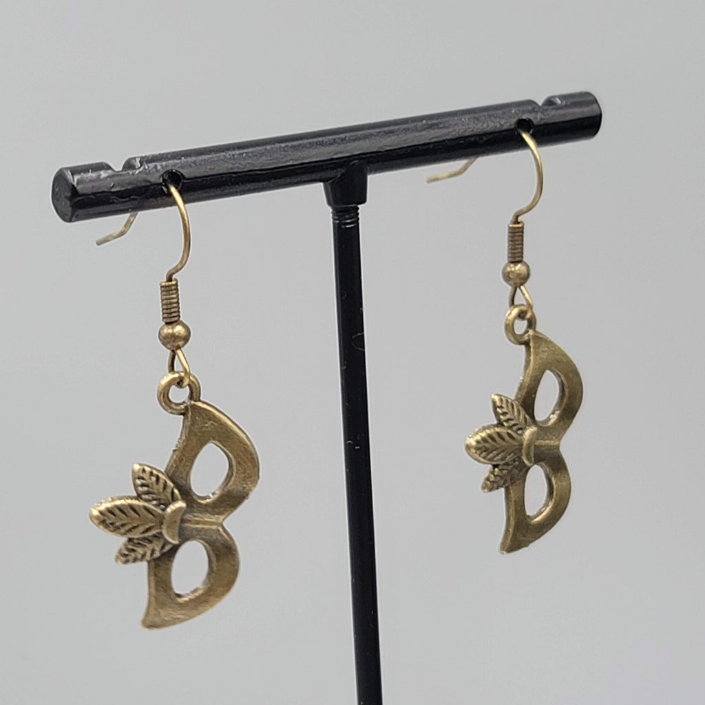 Masquerade Mask Pierced Earrings Bronze tone Metal Embossed Leaves Dangle  1"