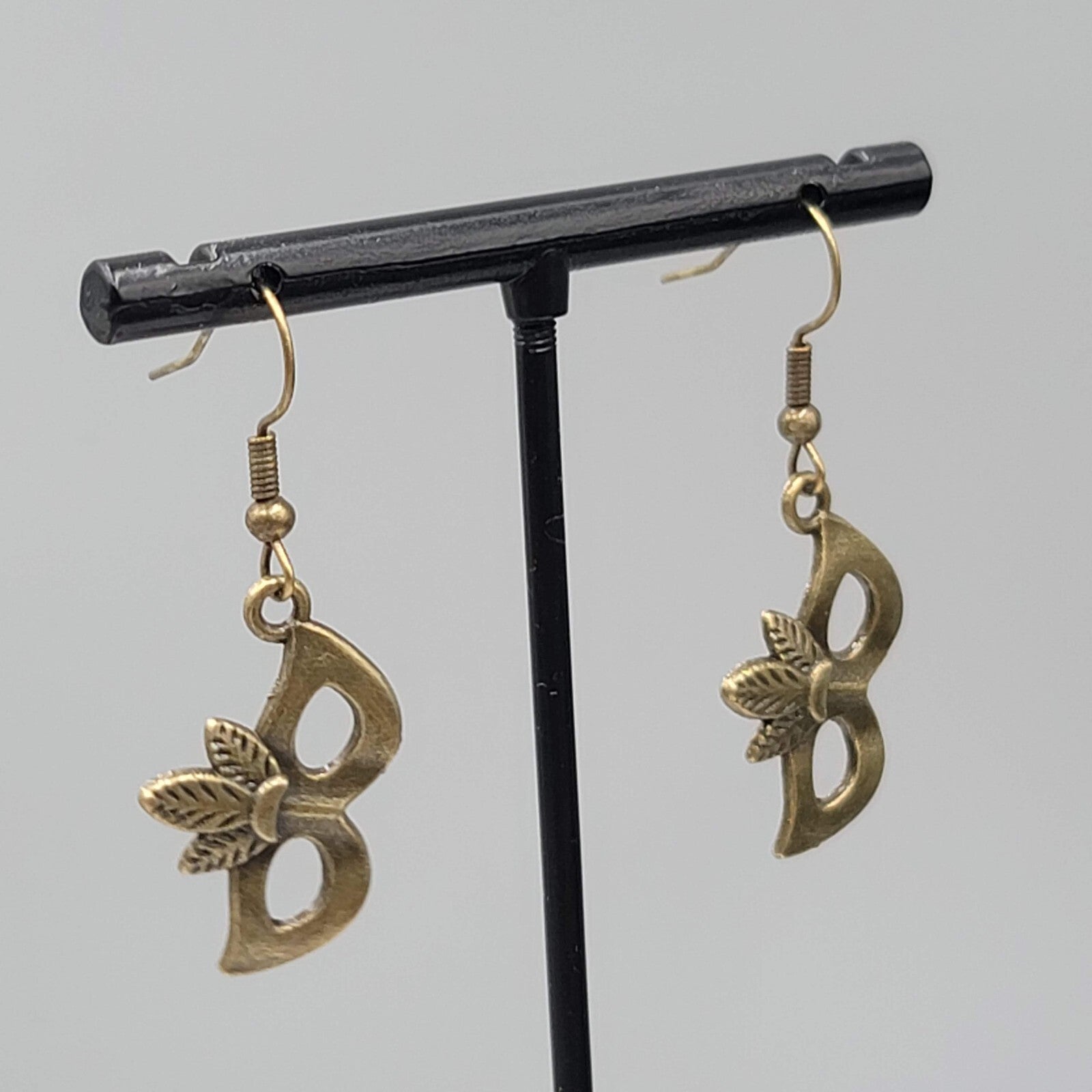 Masquerade Mask Pierced Earrings Bronze tone Metal Embossed Leaves Dangle  1"