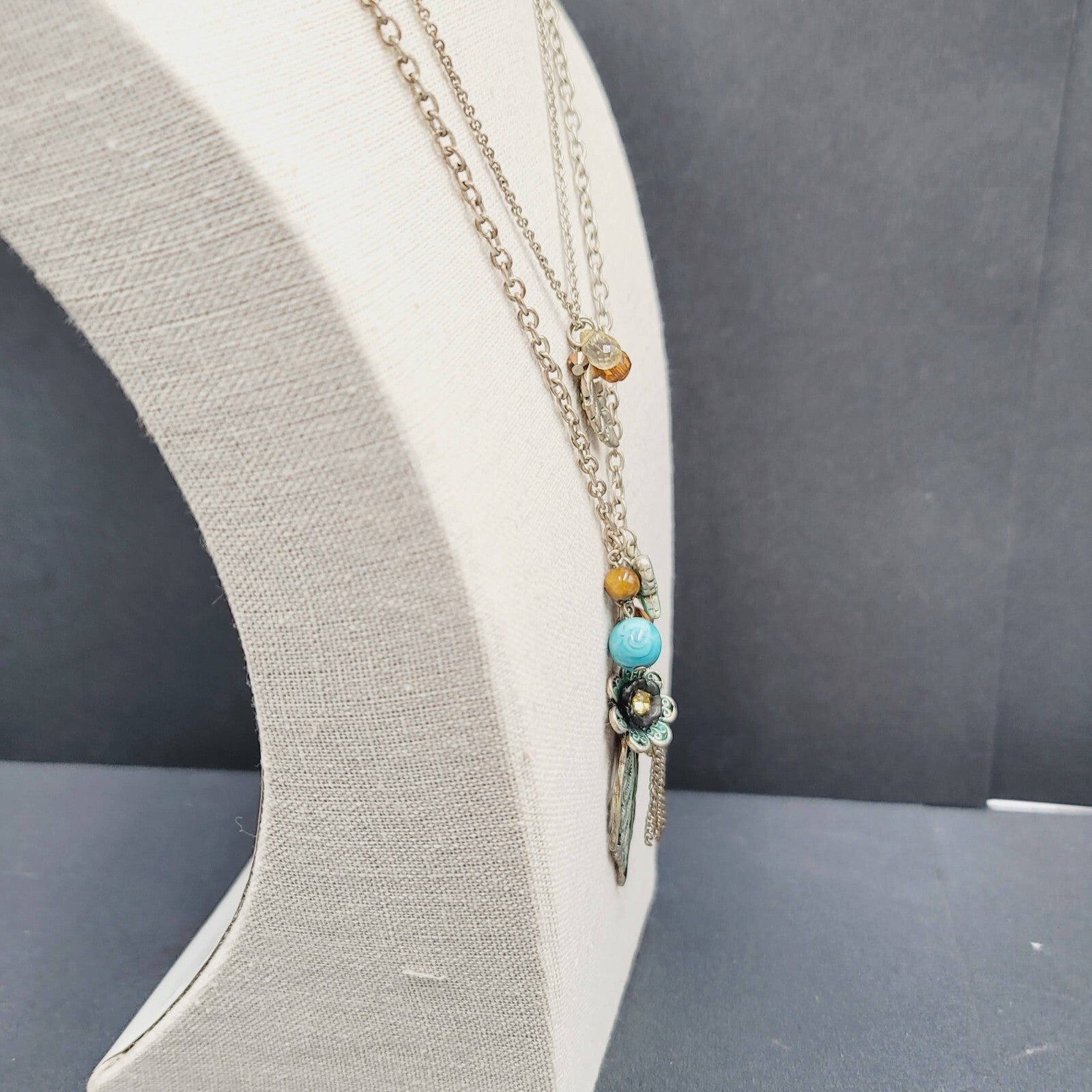 Boho Charm Necklace Layered Double Chain Silver tone Butterfly Leaf Enamel 16"