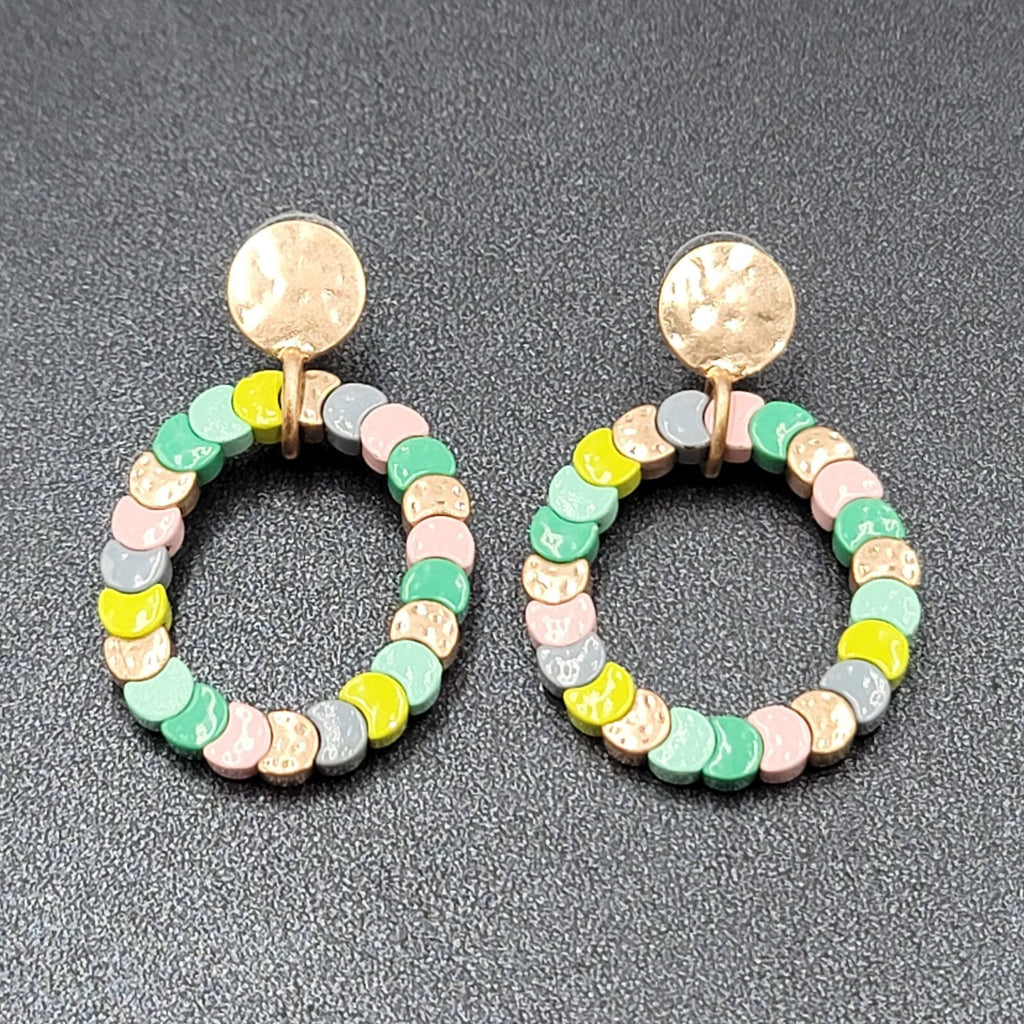 Pierced Earrings Gold tone Multicolor Strung Beads Hoop 2"
