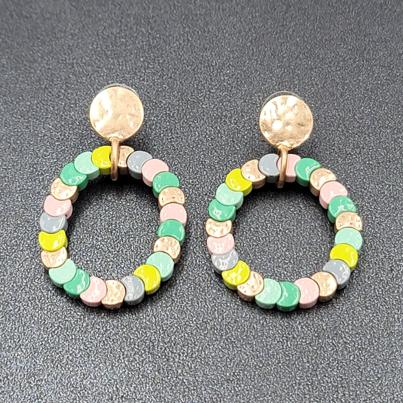 Pierced Earrings Gold tone Multicolor Strung Beads Hoop 2"