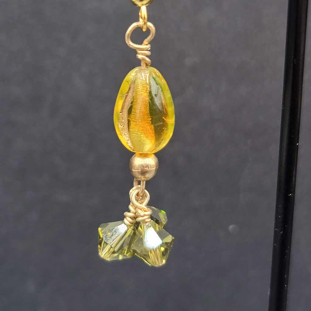 Pierced Earrings Gold tone Art Glass and Green Crystal Beads 1.25"