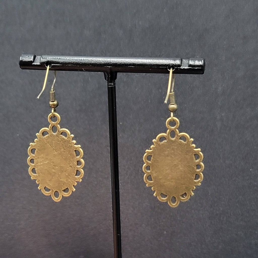 Pierced Earrings Bronze tone Glass Cabochon Updo Ladies Antique Drawings 1.25"
