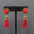 Boho Pierced Earrings Antiqued Gold tone Red String Tassel 2"