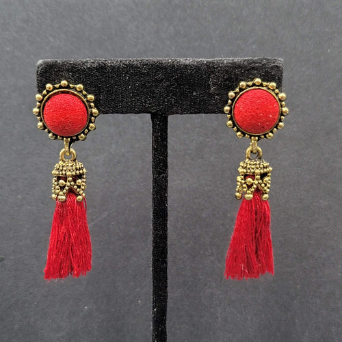 Boho Pierced Earrings Antiqued Gold tone Red String Tassel 2"