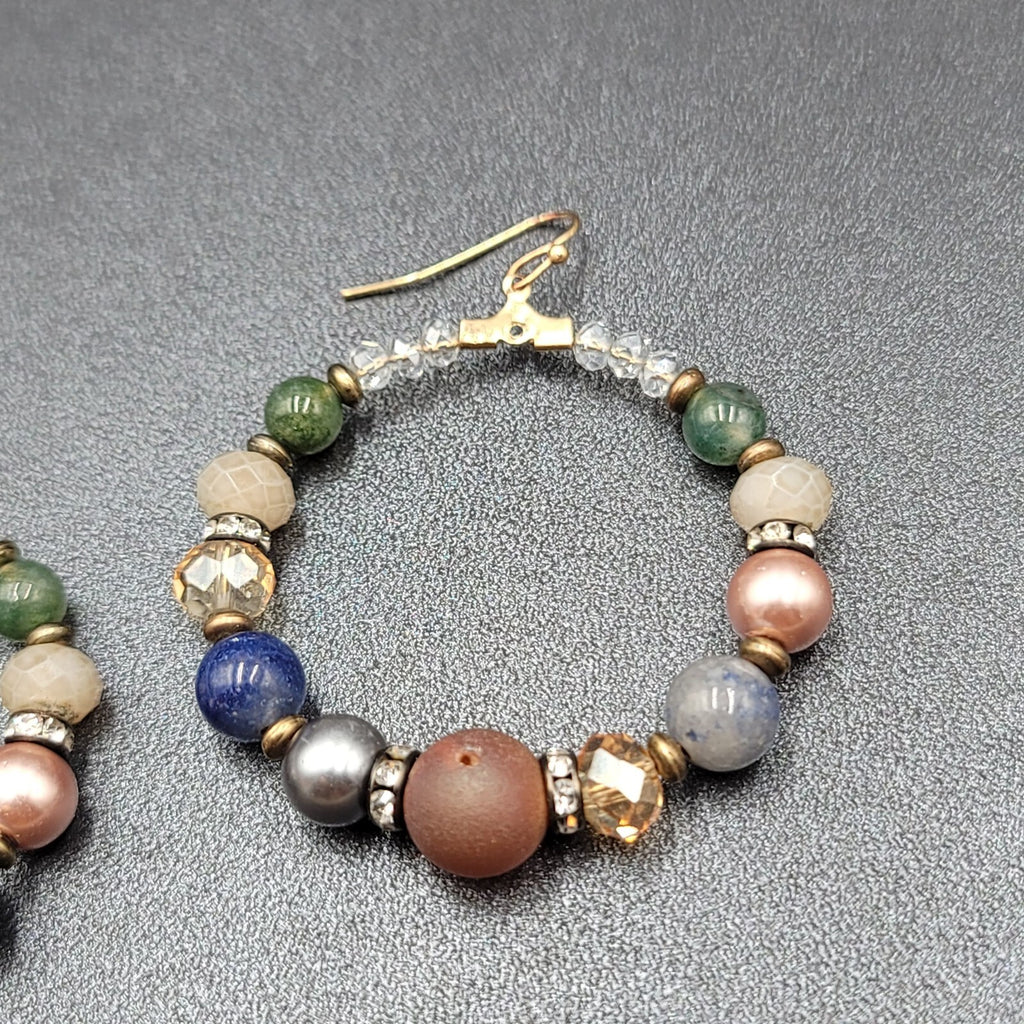 Pierced Earrings Multicolor Stones and Beads Large Hoops 2"