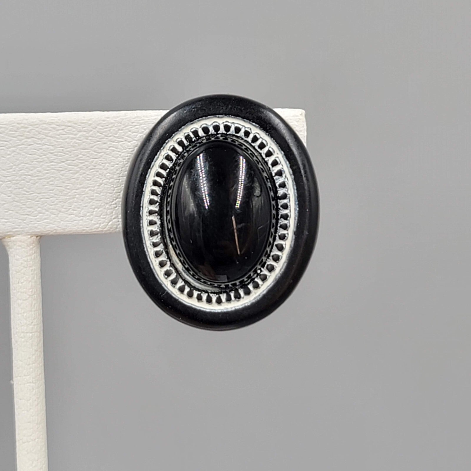 Vintage Black Oval Drop Clip on Earrings White Edge 1"