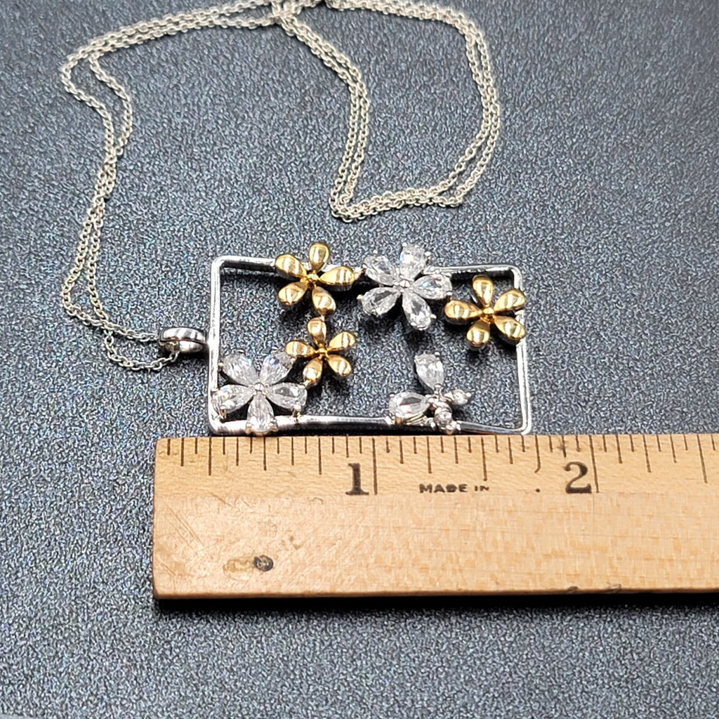 Sterling Silver Flower Crystal Gold Plated Pendant Necklace 16"-18"