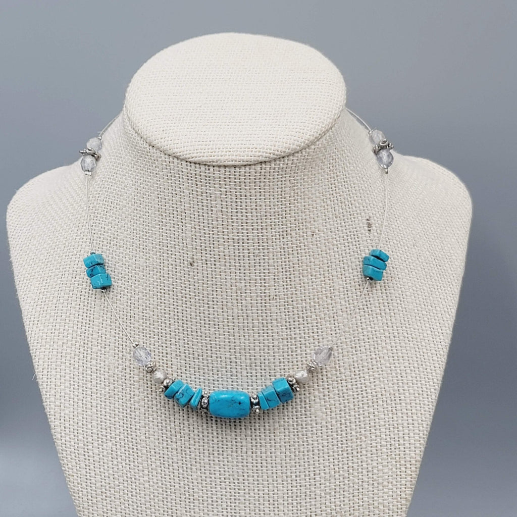 Express Floating Bead Necklace Blue Stone Silver tone 14"-16"
