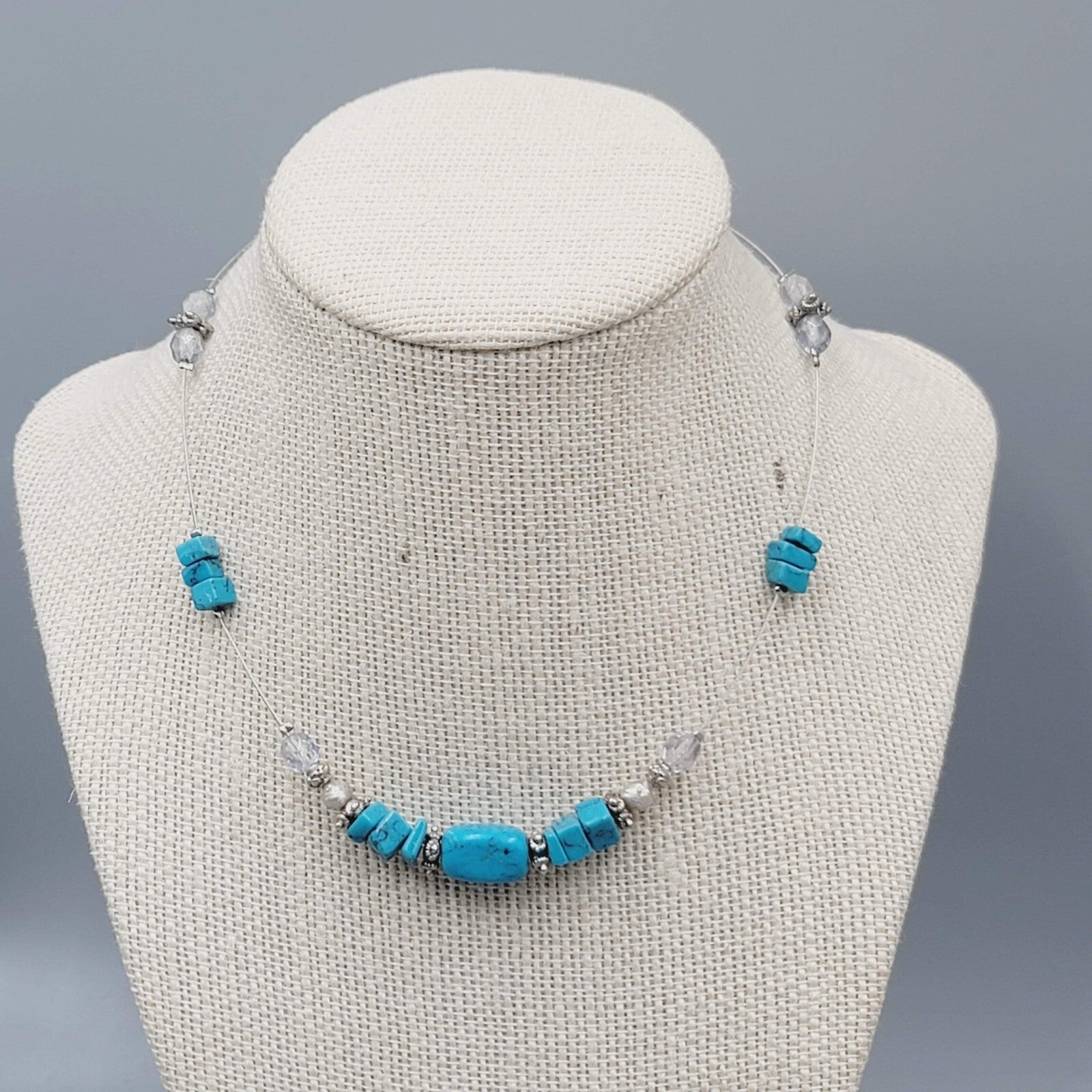 Express Floating Bead Necklace Blue Stone Silver tone 14"-16"