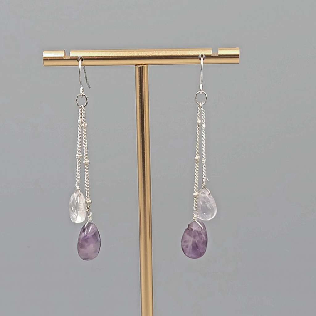 Quartz Amethyst Teardrop Pierced Earrings Silver tone Dangle  2 in