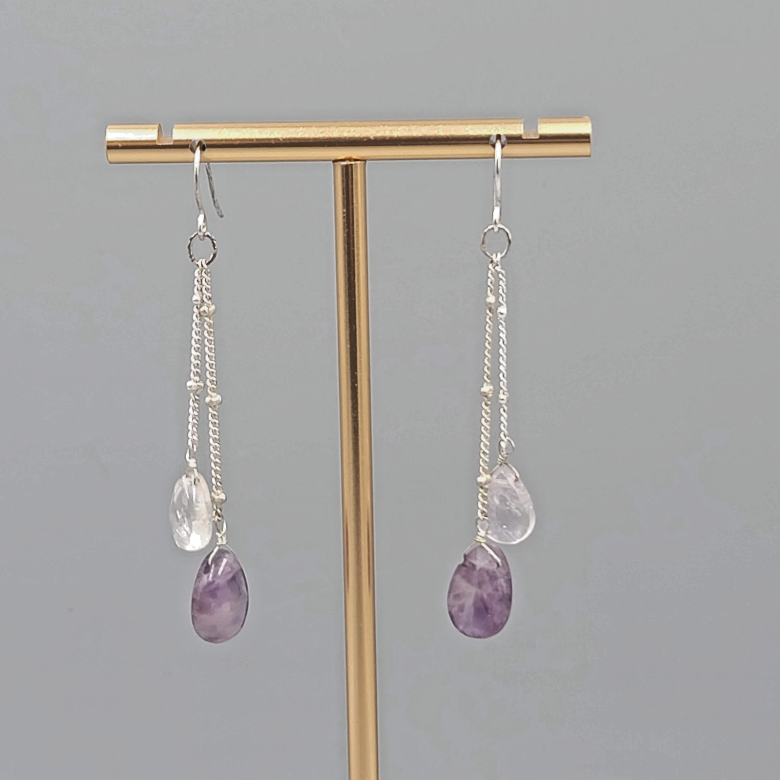 Quartz Amethyst Teardrop Pierced Earrings Silver tone Dangle  2 in