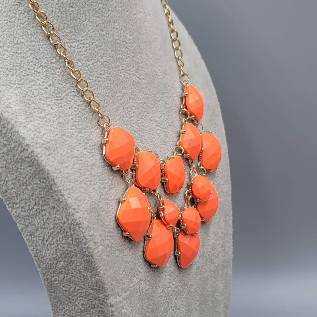 Orange Acrylic Bib Necklace Gold tone 16"-18"