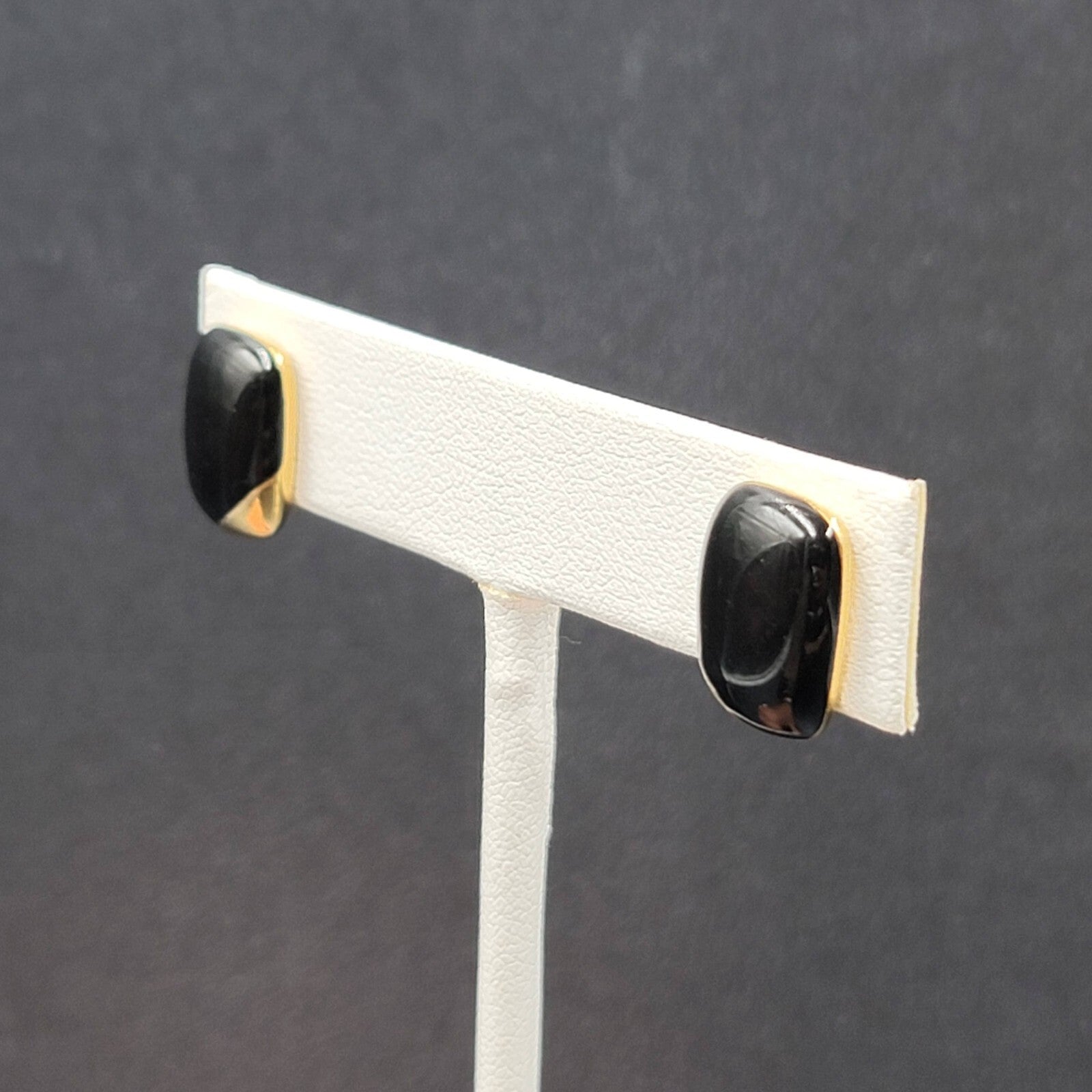 Vintage Pierced Earrings Gold Plated Black Enamel Rectangle Studs 1/2"