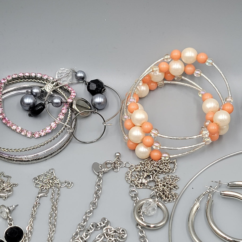 Silver tone Fashion Jewelry Lot of 39 Necklace Bracelets Earrings All Wearable
