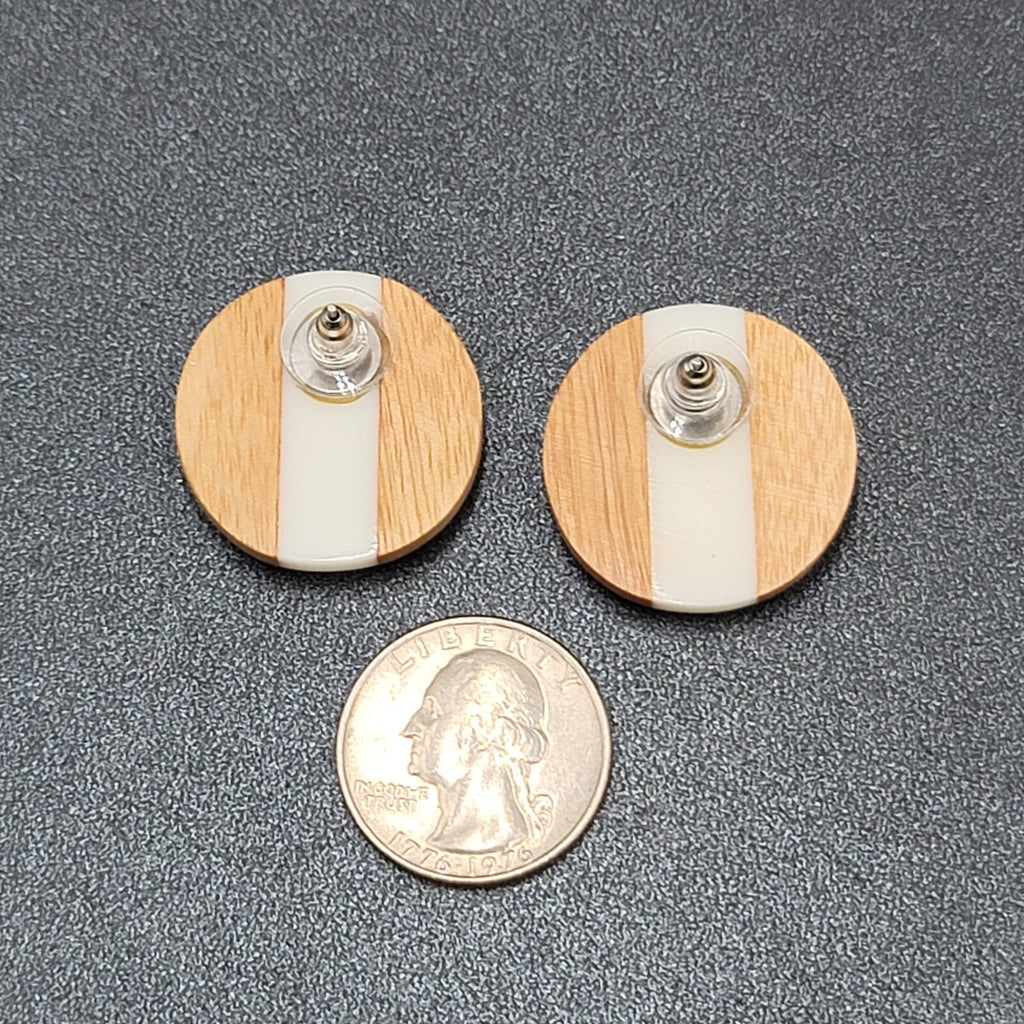 Pierced Earrings Wood White Resin Stripe Round 1 1/8"