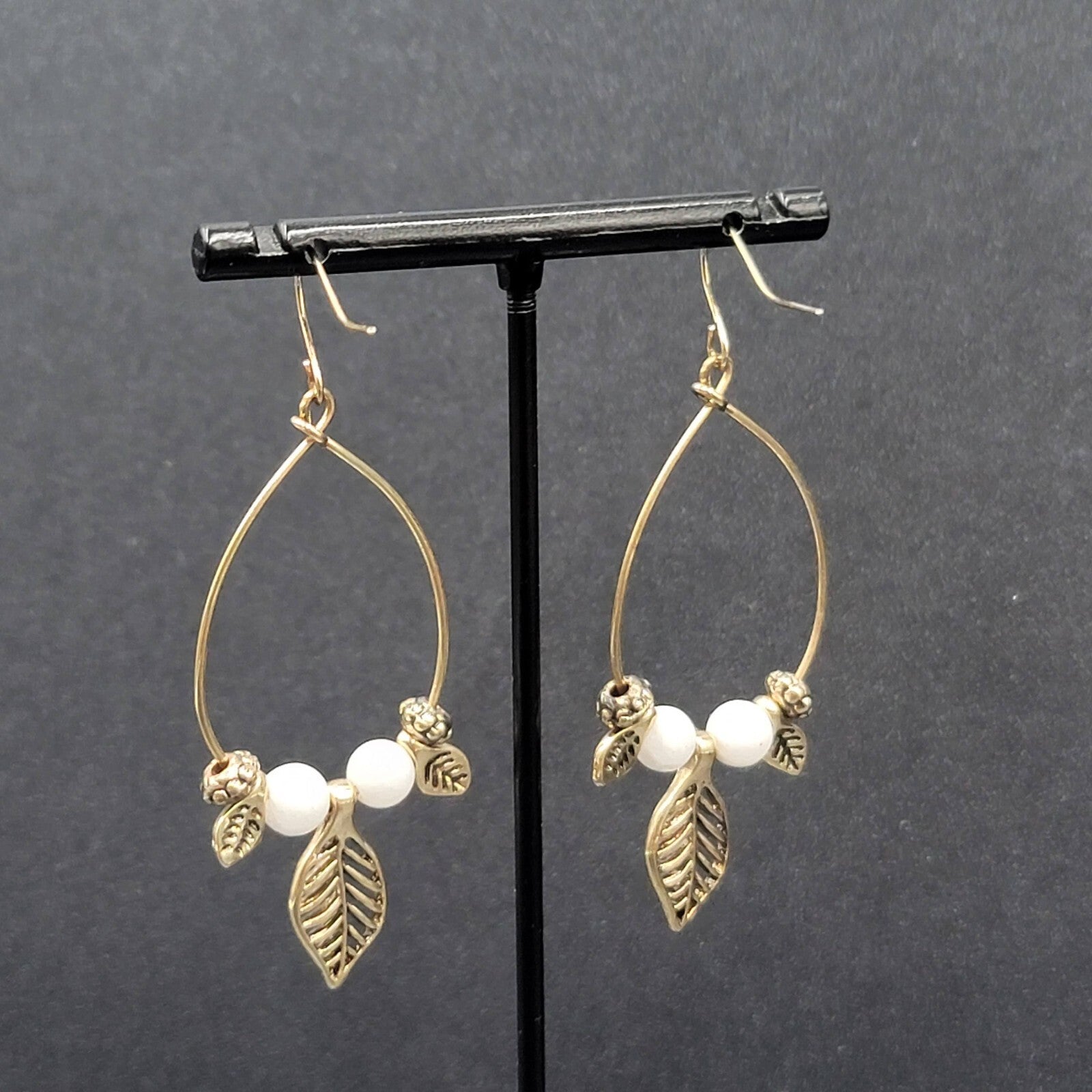 Pierced Earrings Gold tone White Bead Dangle Leaf Hoops 2.25"