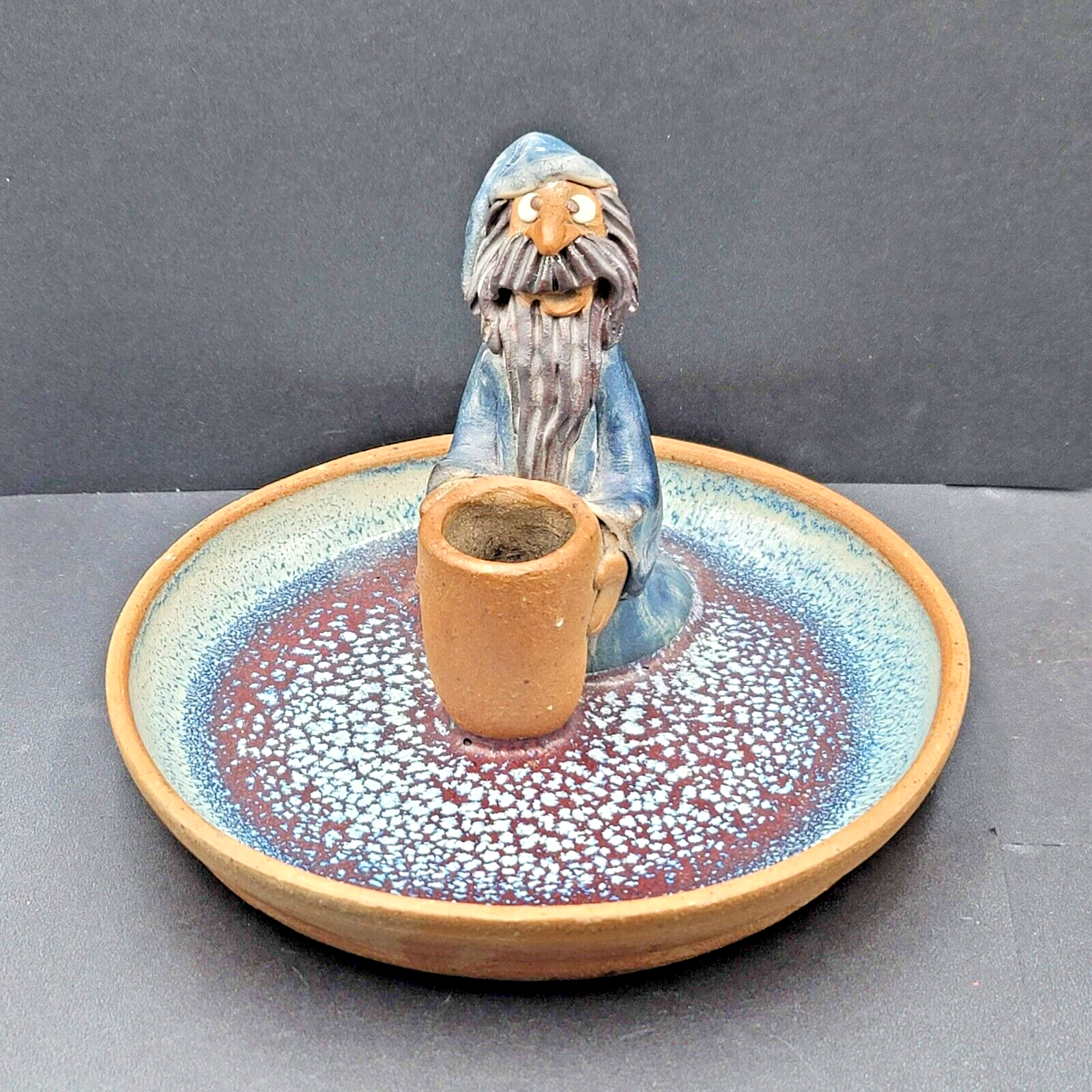 Vintage Folk Art Pottery Wizard Warlock Candle Holder Dish 7.5"