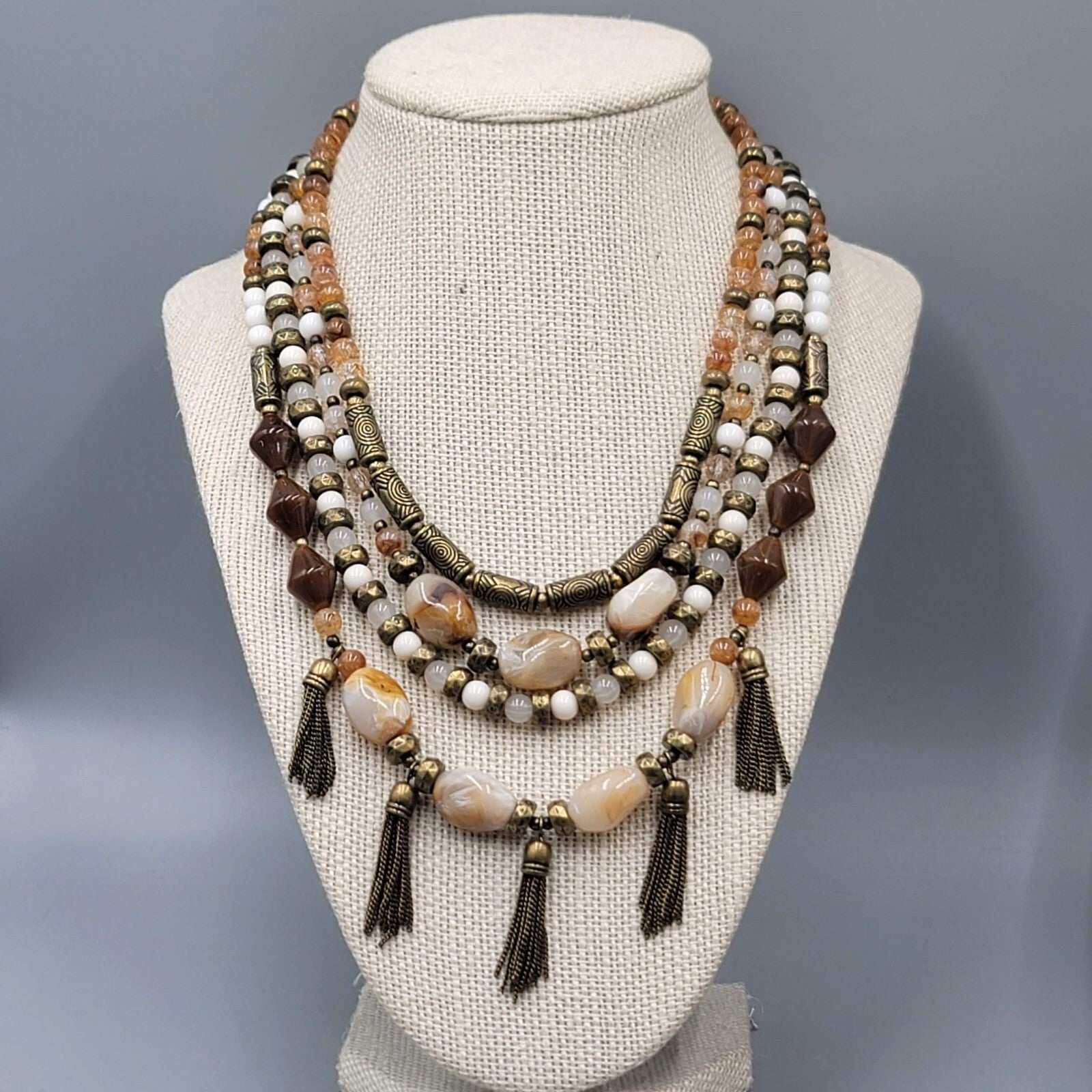 Premier Designs Necklace Bronze tone Brown White Bead 16"+