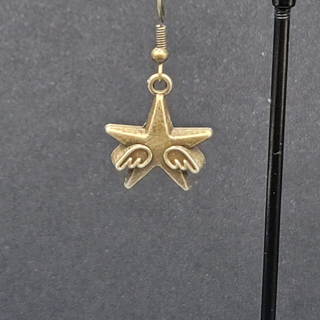 New WINGED STARS Pierced Earrings Bronze tone Dangle 7/8"