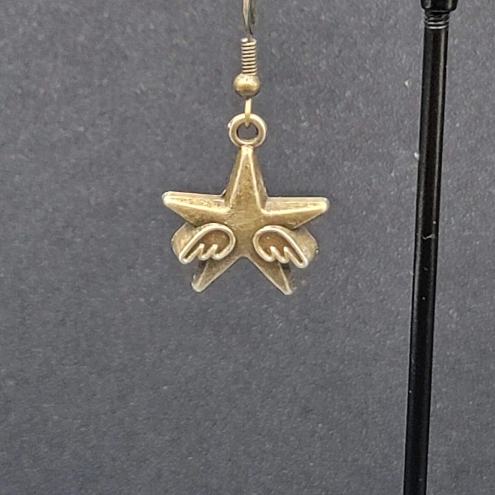 New WINGED STARS Pierced Earrings Bronze tone Dangle 7/8"