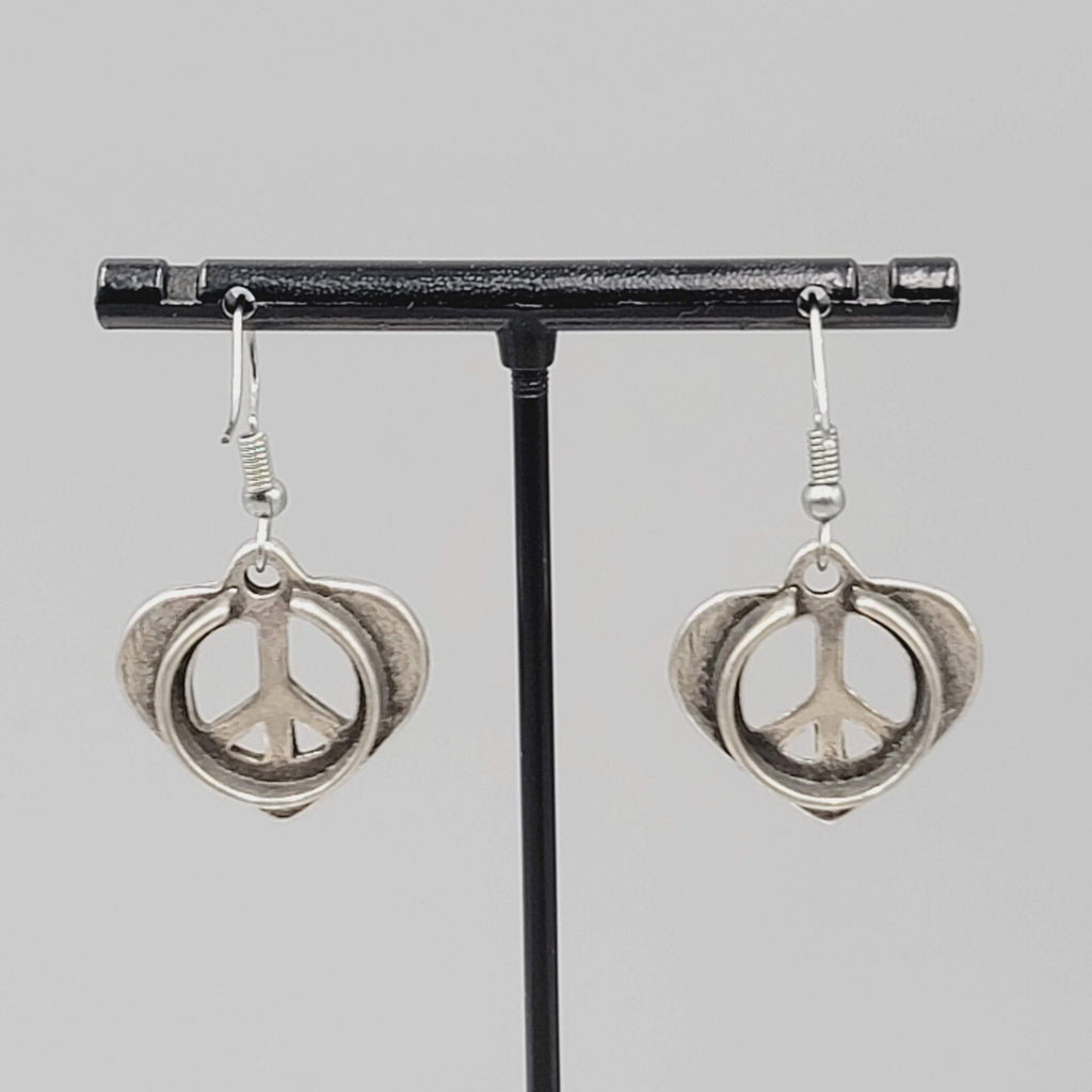 We Are One Peace Heart Pierced Earrings Silver tone Dangle 7/8"