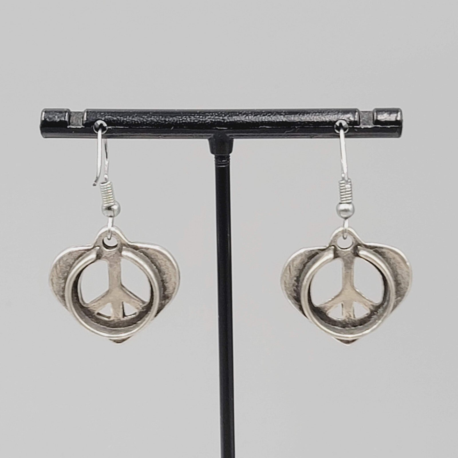 We Are One Peace Heart Pierced Earrings Silver tone Dangle 7/8"