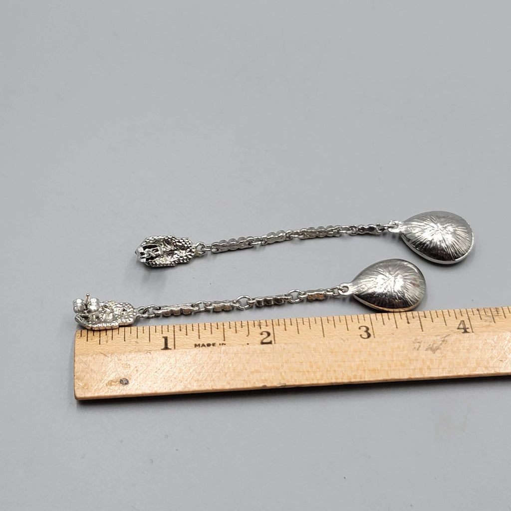 Long Pierced Earrings Smokey Teardrop Rhinestone Silver tone Dangle  3.5 in