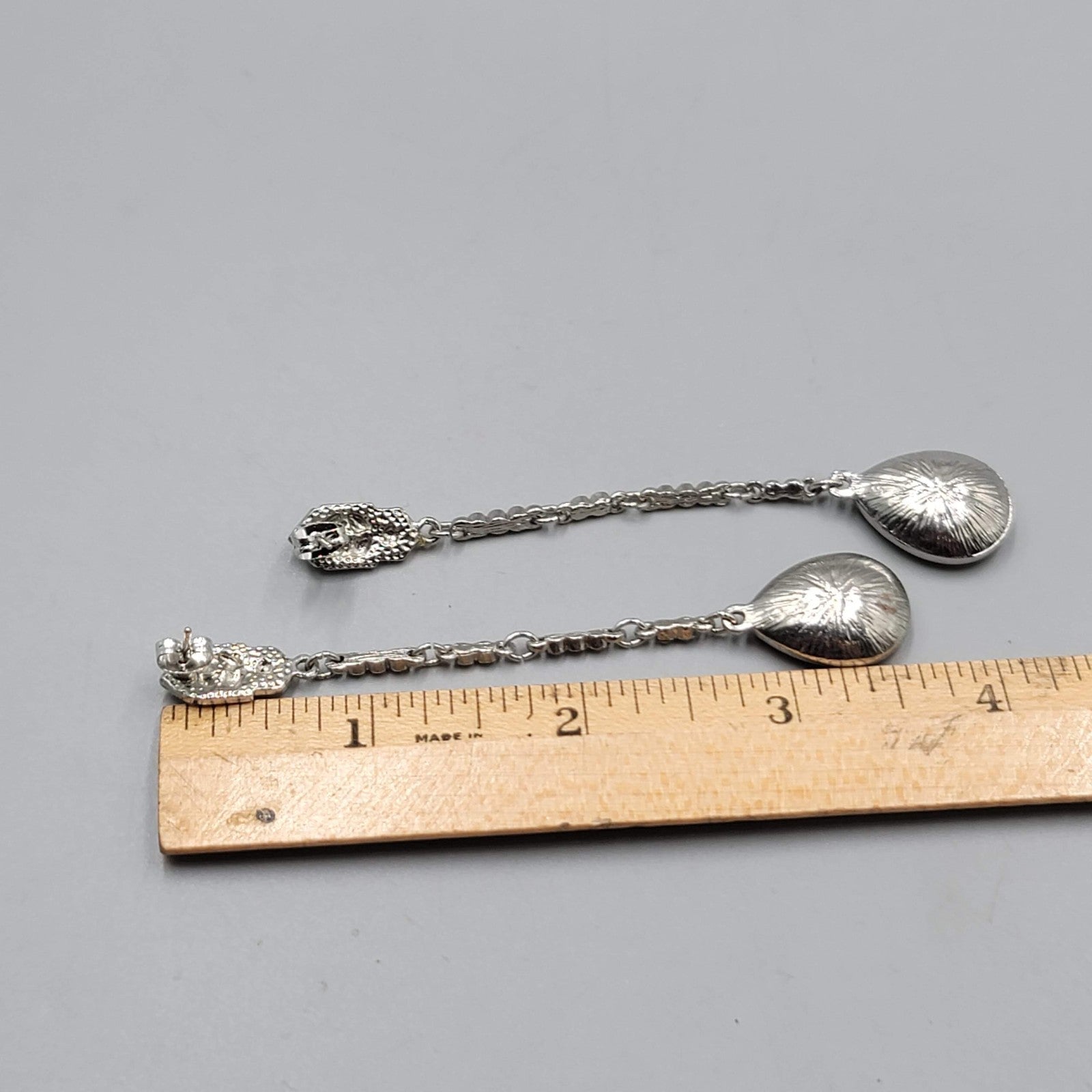 Long Pierced Earrings Smokey Teardrop Rhinestone Silver tone Dangle  3.5 in
