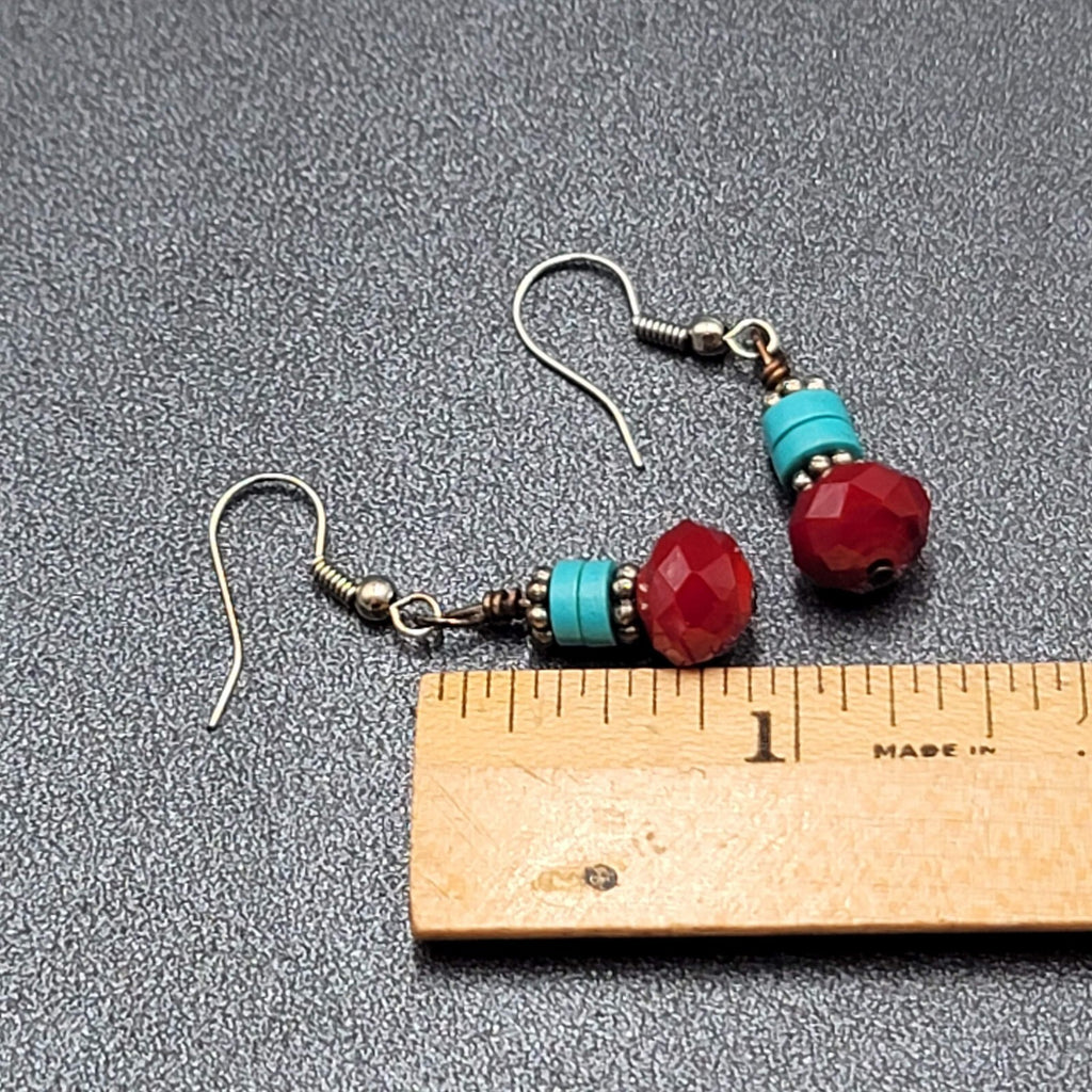 Pierced Earrings Silver tone Red Stone Turquoise Stone Beads Dangle  7/8"