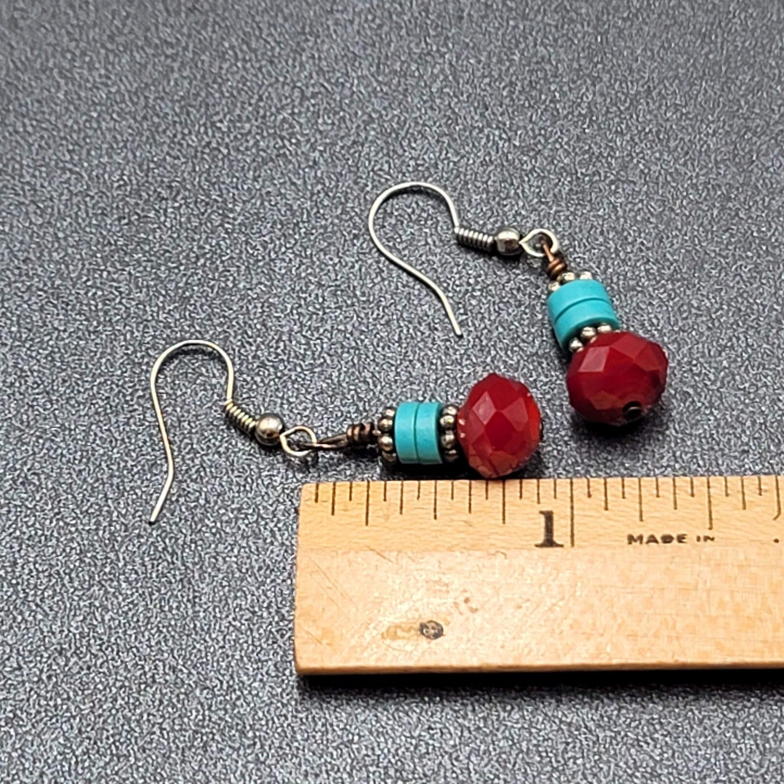 Pierced Earrings Silver tone Red Stone Turquoise Stone Beads Dangle  7/8"