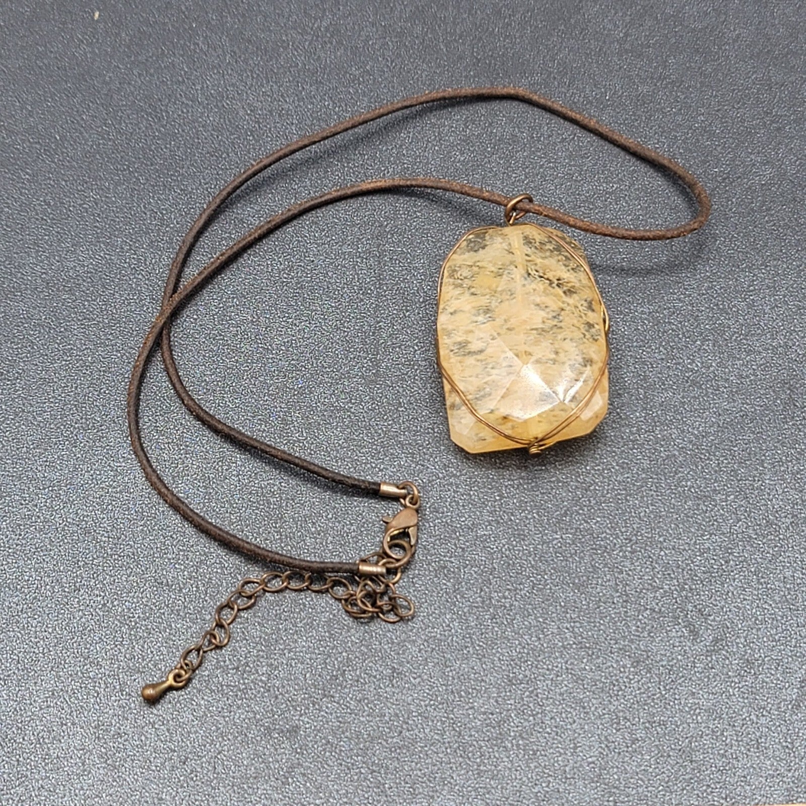 Natural Quartz Pendant Necklace Brown Leather Cord 16"-19"