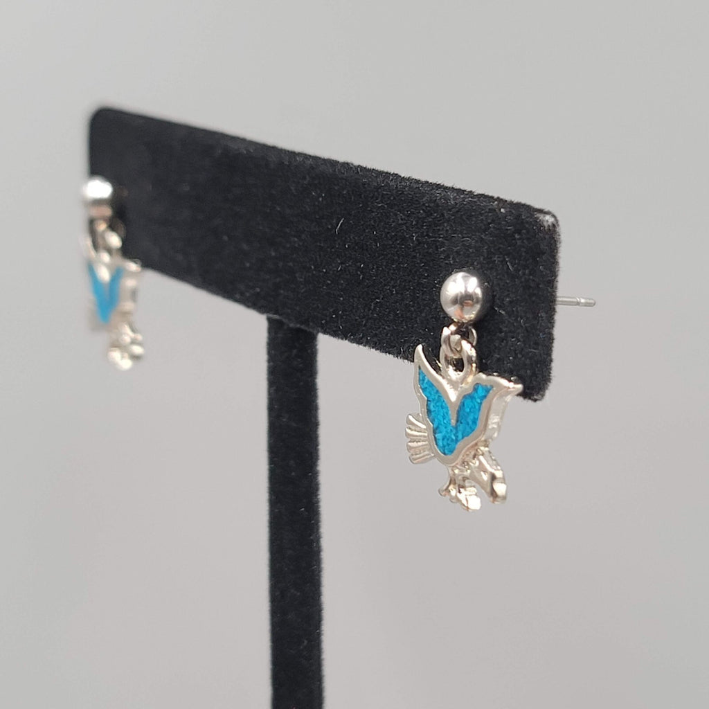 Vintage Eagle Pierced Earrings Turquoise Chip Inlay Silver tone Dangle 3/4"