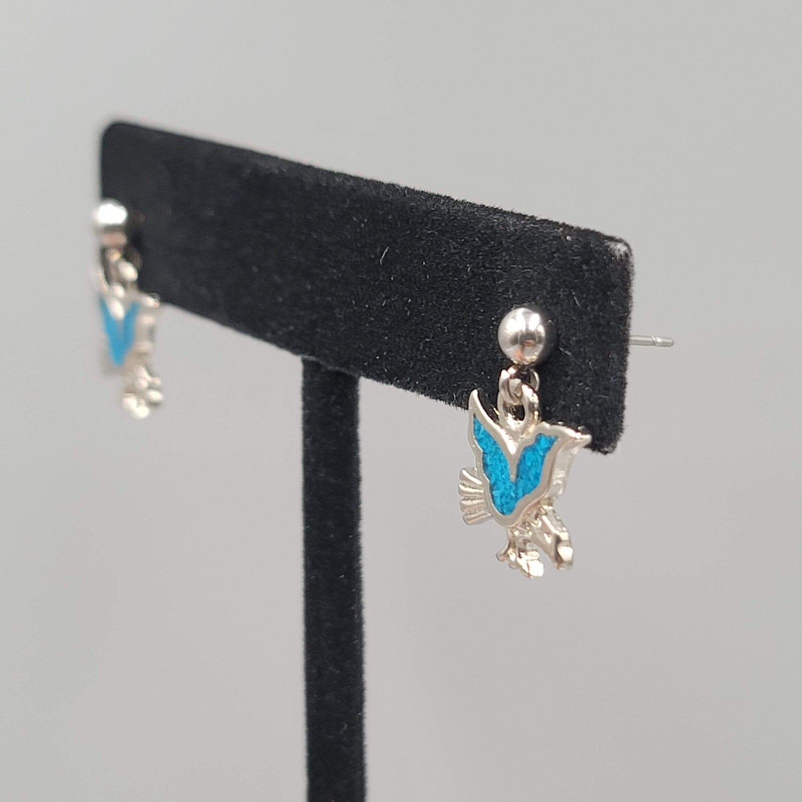 Vintage Eagle Pierced Earrings Turquoise Chip Inlay Silver tone Dangle 3/4"