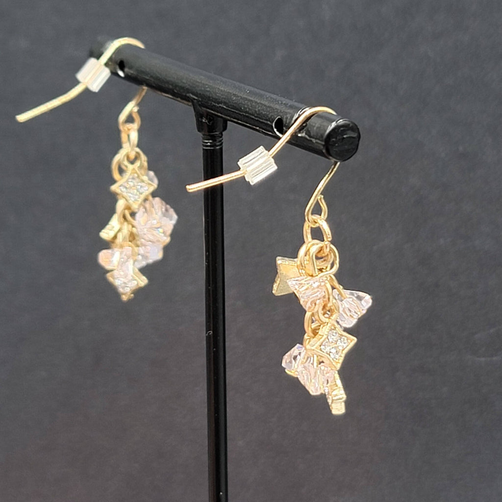 Pierced Earrings Gold tone Pink Crystal Cluster Bead Dangle 1"