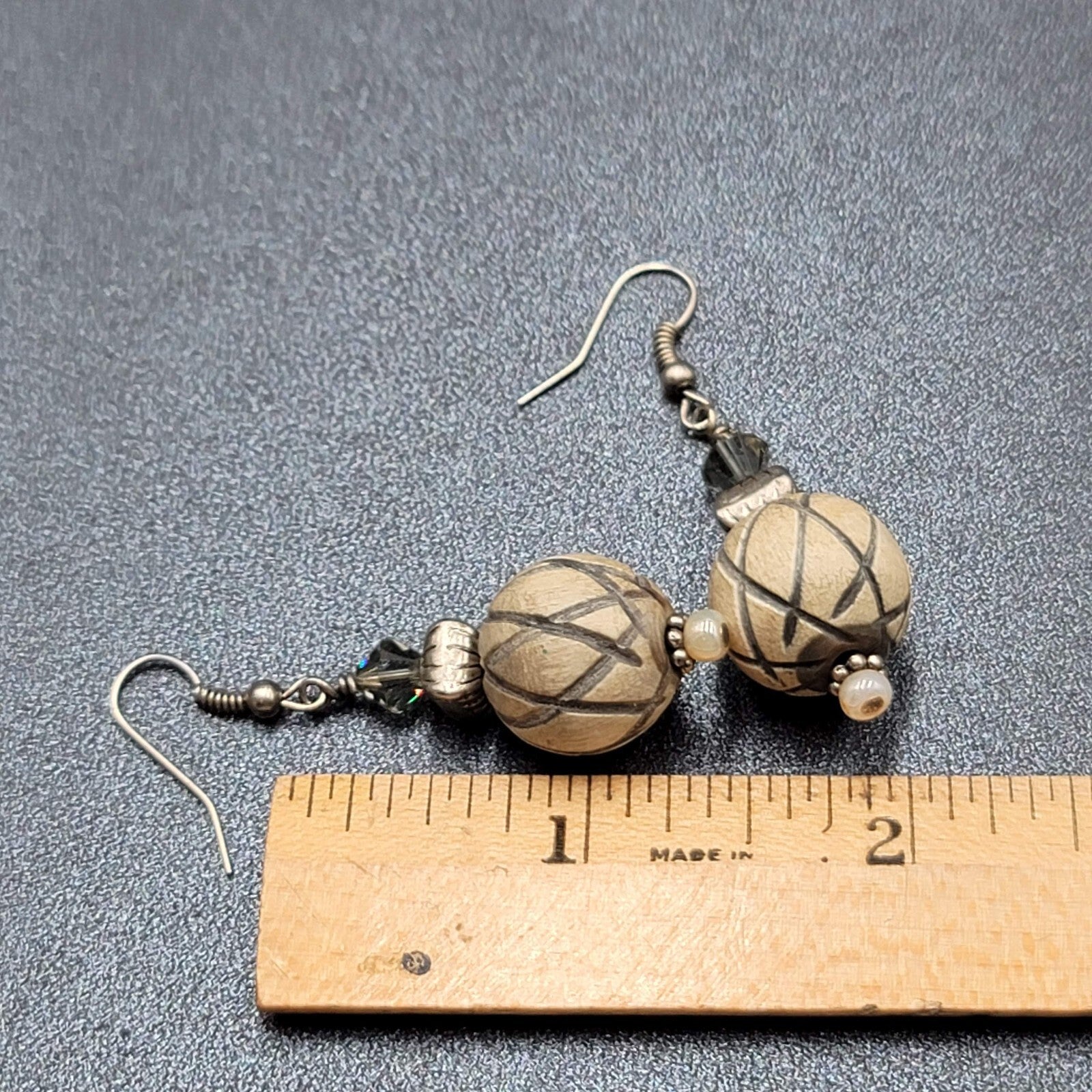 Vintage Pierced Earrings Silver tone Crystal and Wood Carved Bead Dangle 1.5"